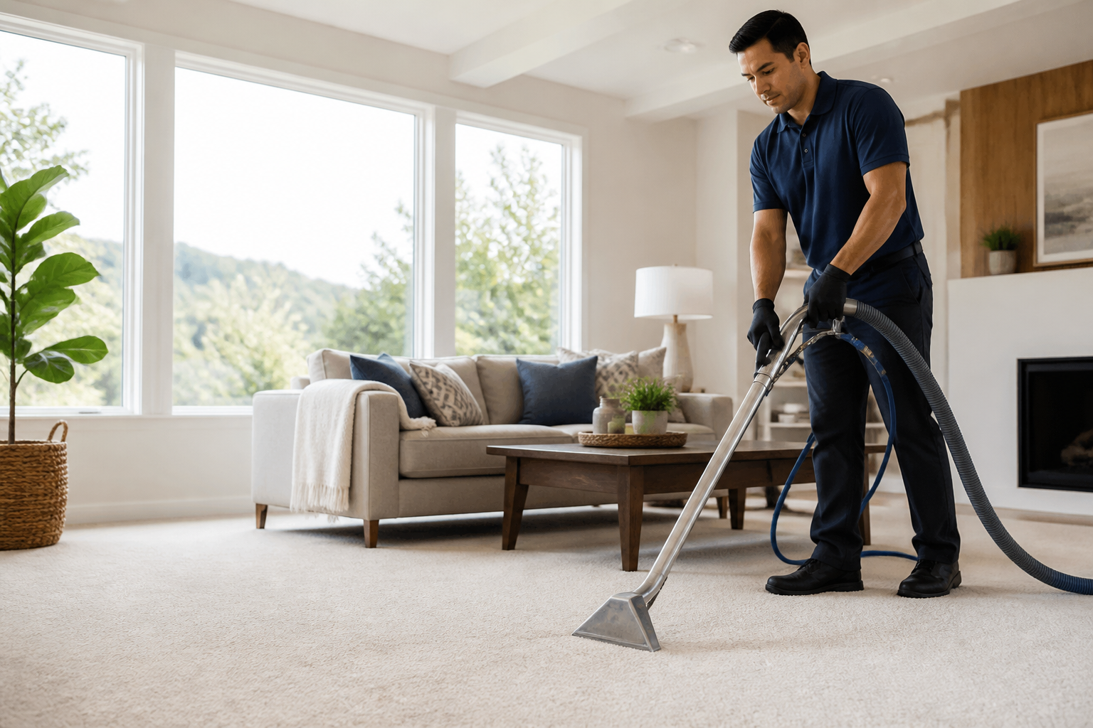 Professional carpet cleaning technician steam cleaning a bright Bay Area living room