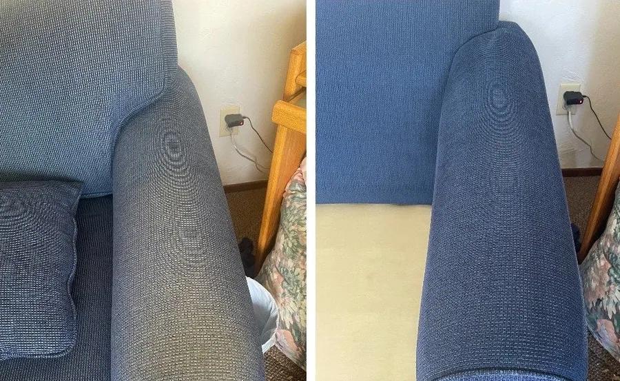 Blue sofa armrest cleaning before and after in Fremont