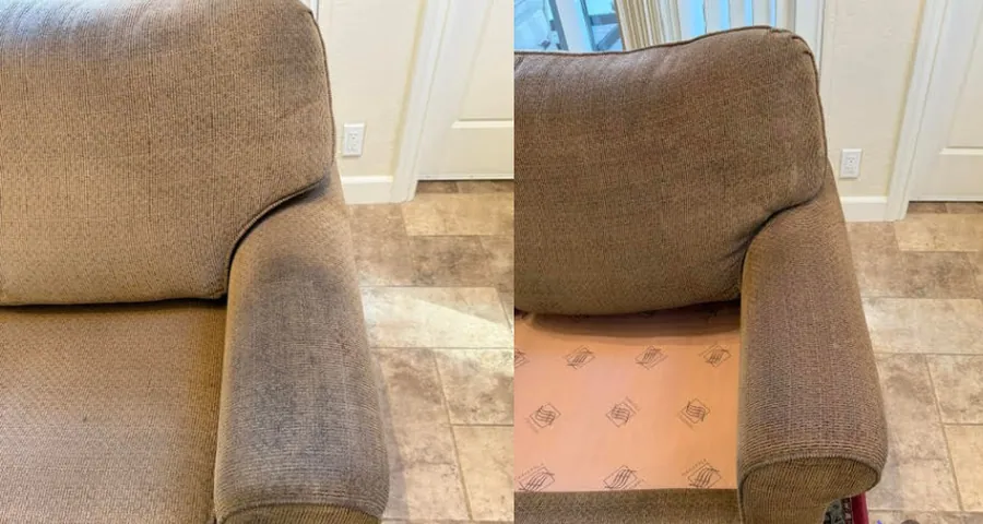 Brown sofa arm cleaning before and after across the Bay Area