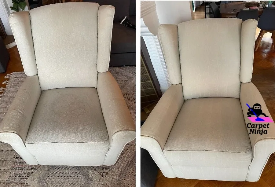 Cream armchair upholstery cleaning before and after across the Bay Area